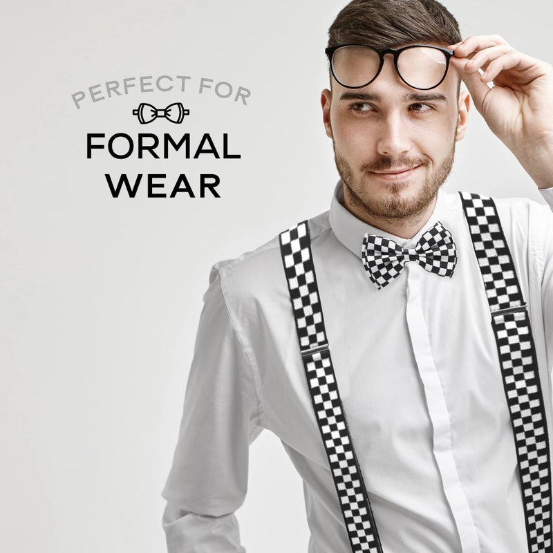 Man of Men - Men's Black & White Checkered Bowtie & Suspender Set - Image 5